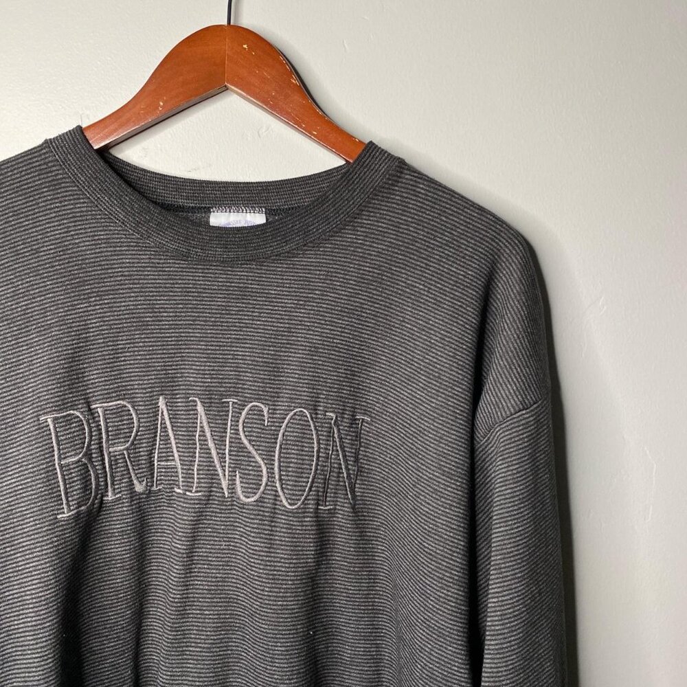 Grey striped vintage 90s Branson embroidered light weight sweatshirt size large